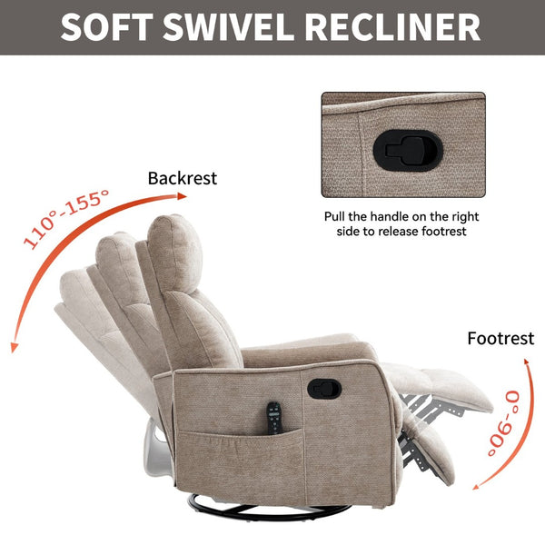 English Elm Khaki Fabric Swivel Rocker Recliner with Massage Heat Nodes for Living Room Comfort W1803P508580