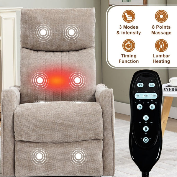 English Elm Khaki Fabric Swivel Rocker Recliner with Massage Heat Nodes for Living Room Comfort W1803P508580