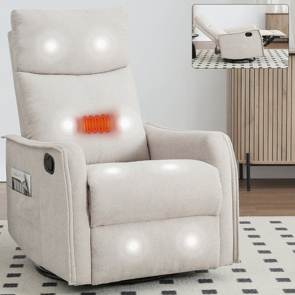 English Elm Heat Massage Rocker Swivel Recliner with 8 Node Vibration for Cozy Living Room Lounging Beige W1803P516797