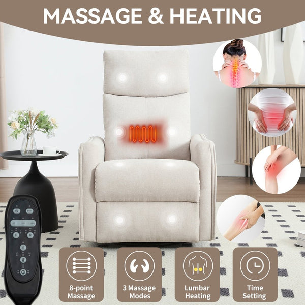 English Elm Heat Massage Rocker Swivel Recliner with 8 Node Vibration for Cozy Living Room Lounging Beige W1803P516797