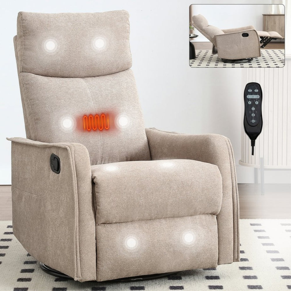 English Elm Heat Massage Rocker Swivel Recliner with 8 Node Vibration for Cozy Living Room Lounging Khaki W1803P516798