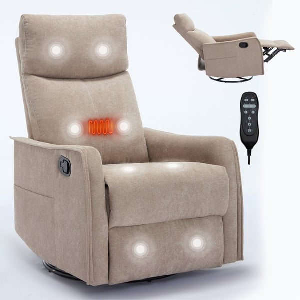 English Elm Heat Massage Rocker Swivel Recliner with 8 Node Vibration for Cozy Living Room Lounging Khaki W1803P516798
