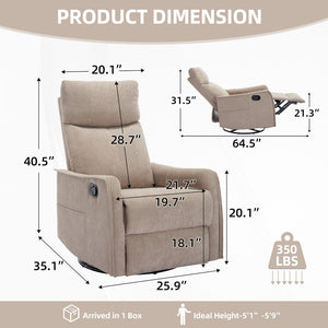 English Elm Heat Massage Rocker Swivel Recliner with 8 Node Vibration for Cozy Living Room Lounging Khaki W1803P516798