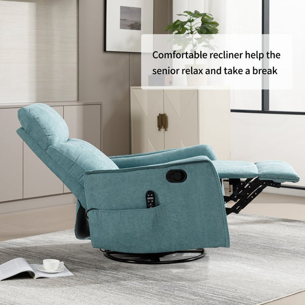 English Elm Heat Massage Rocker Swivel Recliner with 8 Node Vibration for Cozy Living Room Lounging Antique Blue Green W1803P516799