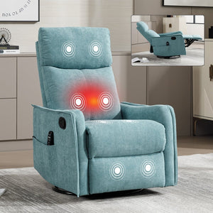 English Elm Heat Massage Rocker Swivel Recliner with 8 Node Vibration for Cozy Living Room Lounging Antique Blue Green W1803P516799