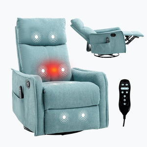 English Elm Heat Massage Rocker Swivel Recliner with 8 Node Vibration for Cozy Living Room Lounging Antique Blue Green W1803P516799