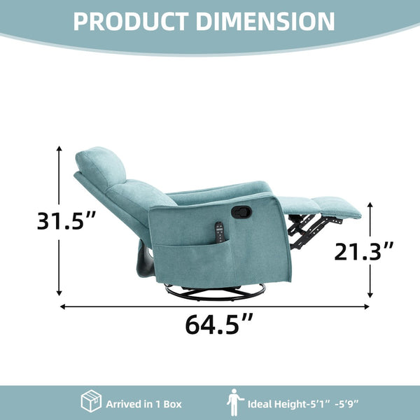 English Elm Heat Massage Rocker Swivel Recliner with 8 Node Vibration for Cozy Living Room Lounging Antique Blue Green W1803P516799