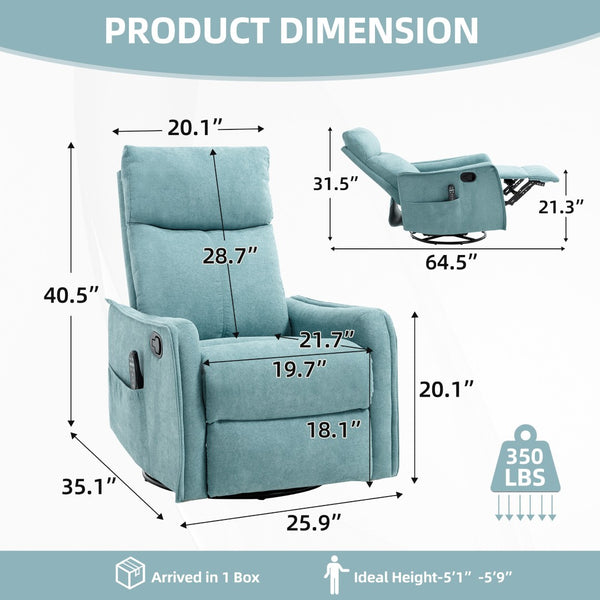 English Elm Heat Massage Rocker Swivel Recliner with 8 Node Vibration for Cozy Living Room Lounging Antique Blue Green W1803P516799
