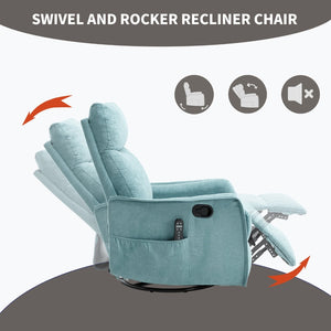 English Elm Heat Massage Rocker Swivel Recliner with 8 Node Vibration for Cozy Living Room Lounging Antique Blue Green W1803P516799