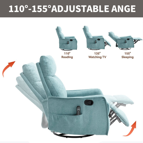 English Elm Heat Massage Rocker Swivel Recliner with 8 Node Vibration for Cozy Living Room Lounging Antique Blue Green W1803P516799
