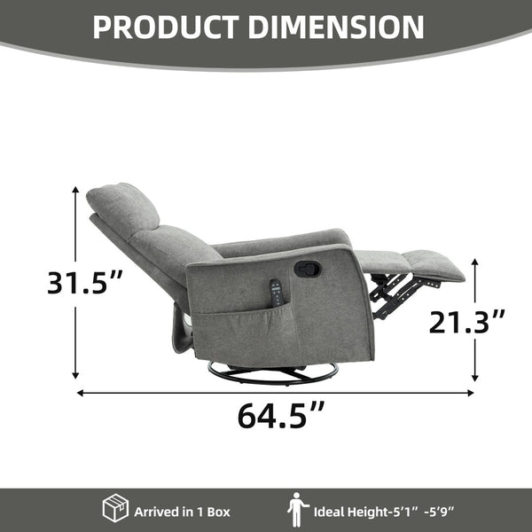 English Elm Heat Massage Rocker Swivel Recliner with 8 Node Vibration for Cozy Living Room Lounging Light Grey W1803P516800