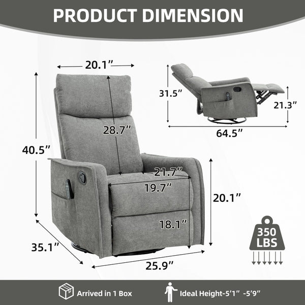 English Elm Heat Massage Rocker Swivel Recliner with 8 Node Vibration for Cozy Living Room Lounging Light Grey W1803P516800