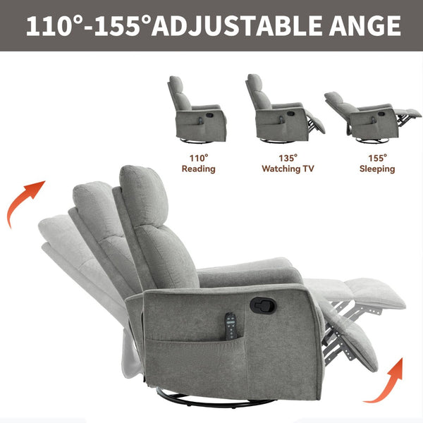 English Elm Heat Massage Rocker Swivel Recliner with 8 Node Vibration for Cozy Living Room Lounging Light Grey W1803P516800