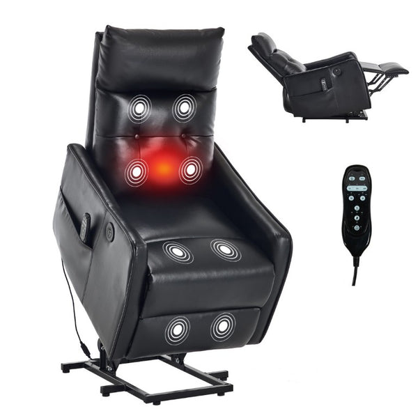 English Elm Black PU Leather Power Lift Recliner with Massage Heat and USB Charging Port Black W1803P525505