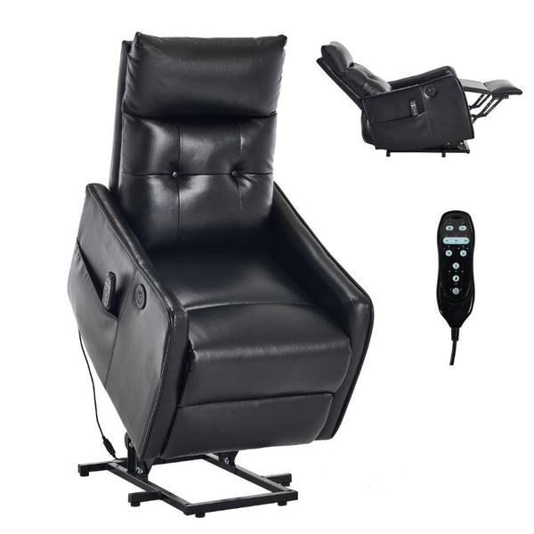 English Elm Black PU Leather Power Lift Recliner with Massage Heat and USB Charging Port Black W1803P525505