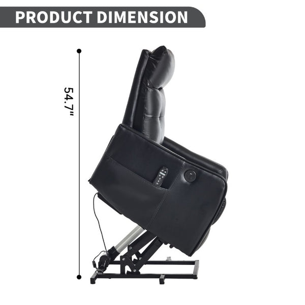 English Elm Black PU Leather Power Lift Recliner with Massage Heat and USB Charging Port Black W1803P525505
