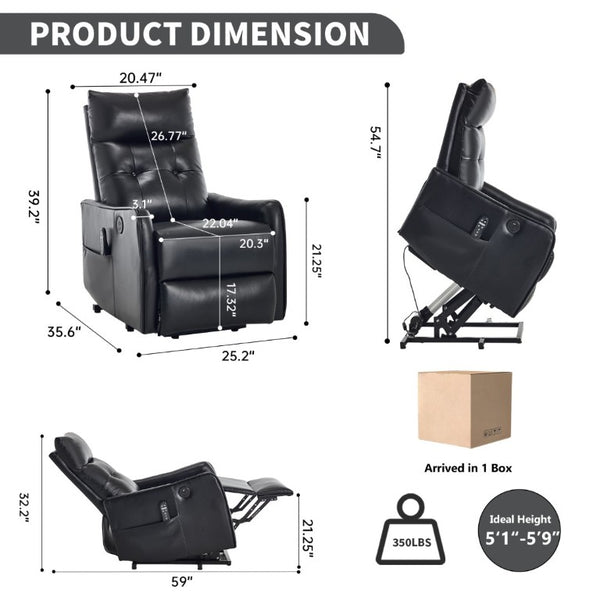 English Elm Black PU Leather Power Lift Recliner with Massage Heat and USB Charging Port Black W1803P525505