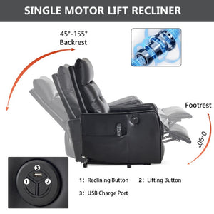 English Elm Black PU Leather Power Lift Recliner with Massage Heat and USB Charging Port Black W1803P525505