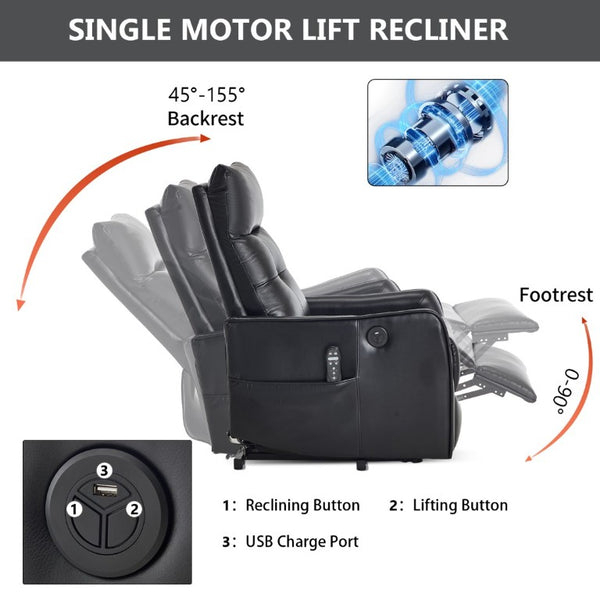 English Elm Black PU Leather Power Lift Recliner with Massage Heat and USB Charging Port Black W1803P525505