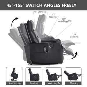 English Elm Black PU Leather Power Lift Recliner with Massage Heat and USB Charging Port Black W1803P525505
