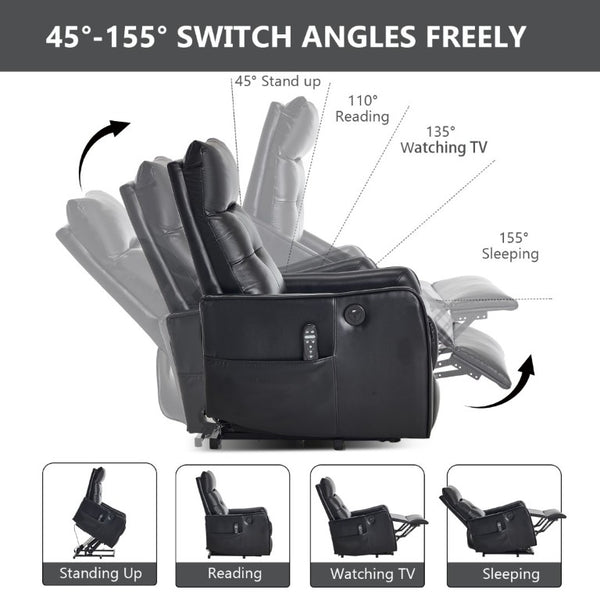 English Elm Black PU Leather Power Lift Recliner with Massage Heat and USB Charging Port Black W1803P525505