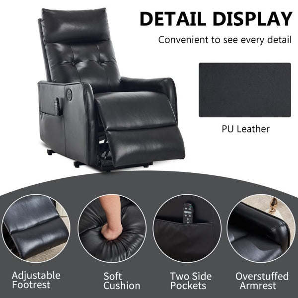 English Elm Black PU Leather Power Lift Recliner with Massage Heat and USB Charging Port Black W1803P525505