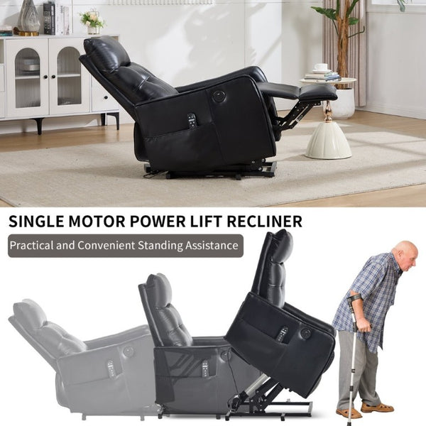 English Elm Black PU Leather Power Lift Recliner with Massage Heat and USB Charging Port Black W1803P525505