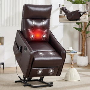 English Elm Black PU Leather Power Lift Recliner with Massage Heat and USB Charging Port Brown - A W1803P525506