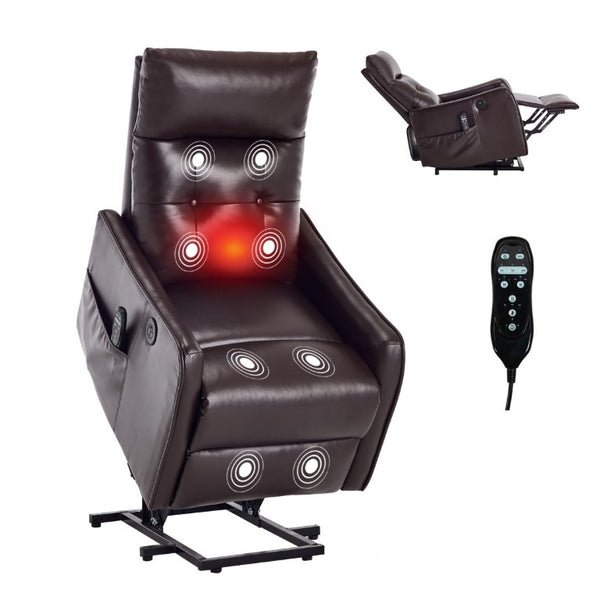 English Elm Black PU Leather Power Lift Recliner with Massage Heat and USB Charging Port Brown - A W1803P525506