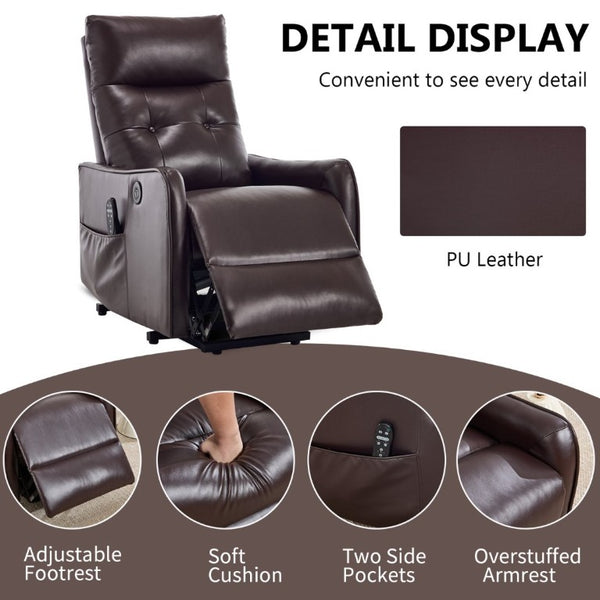 English Elm Black PU Leather Power Lift Recliner with Massage Heat and USB Charging Port Brown - A W1803P525506