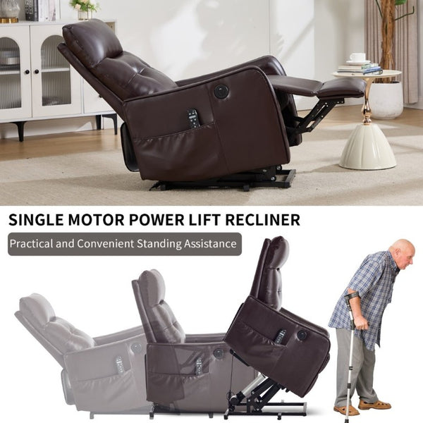 English Elm Black PU Leather Power Lift Recliner with Massage Heat and USB Charging Port Brown - A W1803P525506