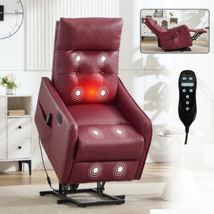 English Elm Black PU Leather Power Lift Recliner with Massage Heat and USB Charging Port Wine Red W1803P525507