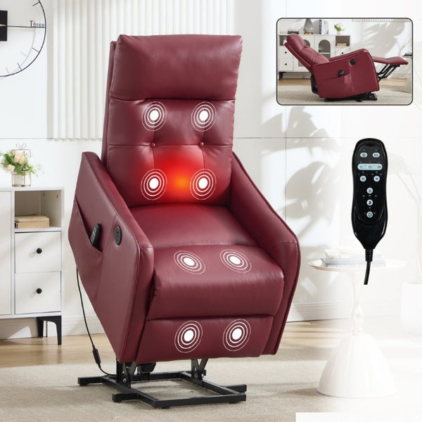 English Elm Black PU Leather Power Lift Recliner with Massage Heat and USB Charging Port Wine Red W1803P525507