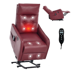 English Elm Black PU Leather Power Lift Recliner with Massage Heat and USB Charging Port Wine Red W1803P525507