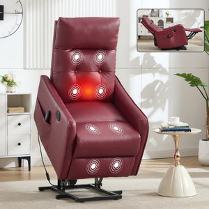 English Elm Black PU Leather Power Lift Recliner with Massage Heat and USB Charging Port Wine Red W1803P525507