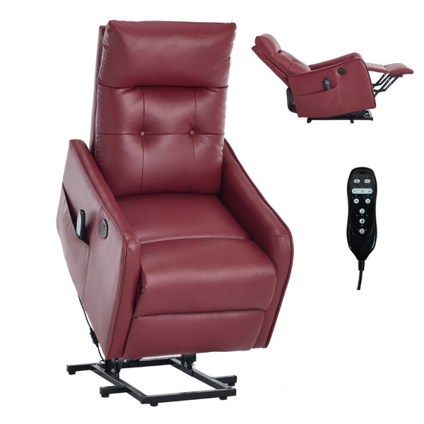 English Elm Black PU Leather Power Lift Recliner with Massage Heat and USB Charging Port Wine Red W1803P525507