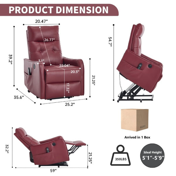 English Elm Black PU Leather Power Lift Recliner with Massage Heat and USB Charging Port Wine Red W1803P525507