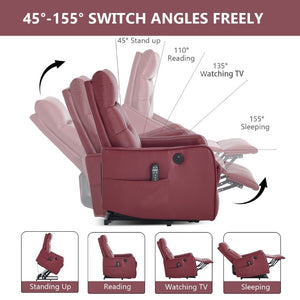 English Elm Black PU Leather Power Lift Recliner with Massage Heat and USB Charging Port Wine Red W1803P525507