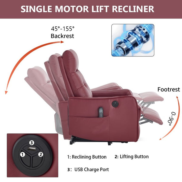 English Elm Black PU Leather Power Lift Recliner with Massage Heat and USB Charging Port Wine Red W1803P525507