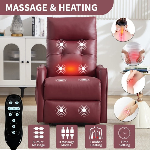 English Elm Black PU Leather Power Lift Recliner with Massage Heat and USB Charging Port Wine Red W1803P525507