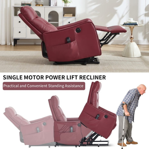 English Elm Black PU Leather Power Lift Recliner with Massage Heat and USB Charging Port Wine Red W1803P525507