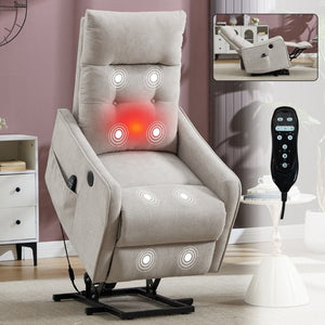 English Elm Beige Chenille Power Lift Recliner with Massage Heat and USB for Elderly Comfort Beige W1803P536615