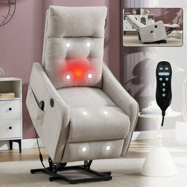 English Elm Beige Chenille Power Lift Recliner with Massage Heat and USB for Elderly Comfort Beige W1803P536615