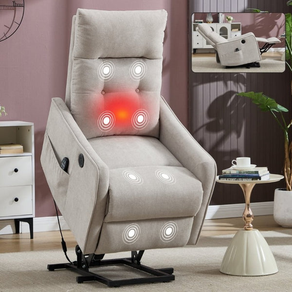 English Elm Beige Chenille Power Lift Recliner with Massage Heat and USB for Elderly Comfort Beige W1803P536615