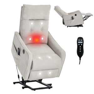 English Elm Beige Chenille Power Lift Recliner with Massage Heat and USB for Elderly Comfort Beige W1803P536615