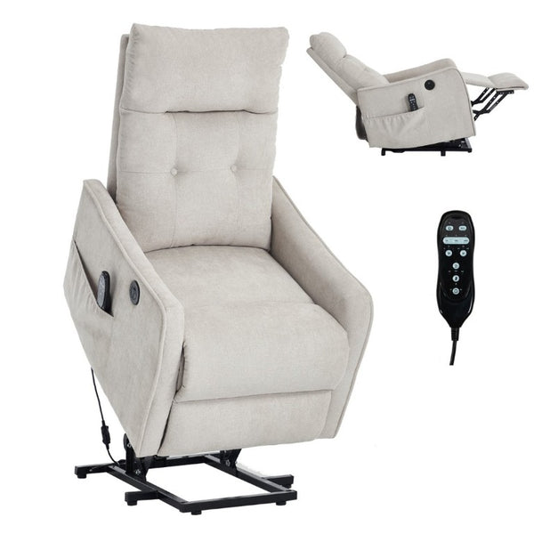 English Elm Beige Chenille Power Lift Recliner with Massage Heat and USB for Elderly Comfort Beige W1803P536615