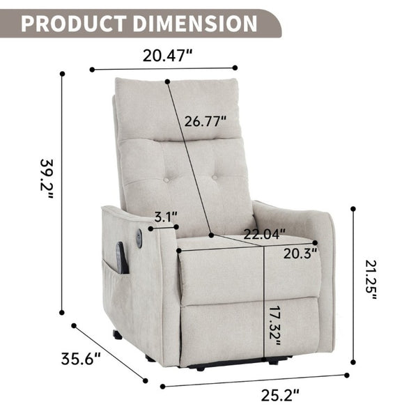 English Elm Beige Chenille Power Lift Recliner with Massage Heat and USB for Elderly Comfort Beige W1803P536615