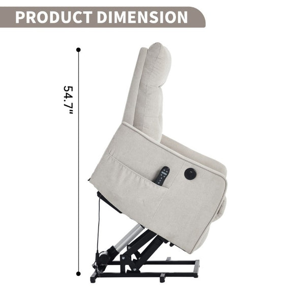 English Elm Beige Chenille Power Lift Recliner with Massage Heat and USB for Elderly Comfort Beige W1803P536615