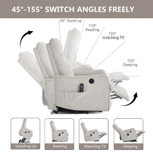 English Elm Beige Chenille Power Lift Recliner with Massage Heat and USB for Elderly Comfort Beige W1803P536615