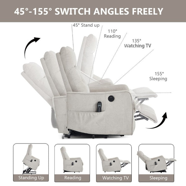 English Elm Beige Chenille Power Lift Recliner with Massage Heat and USB for Elderly Comfort Beige W1803P536615
